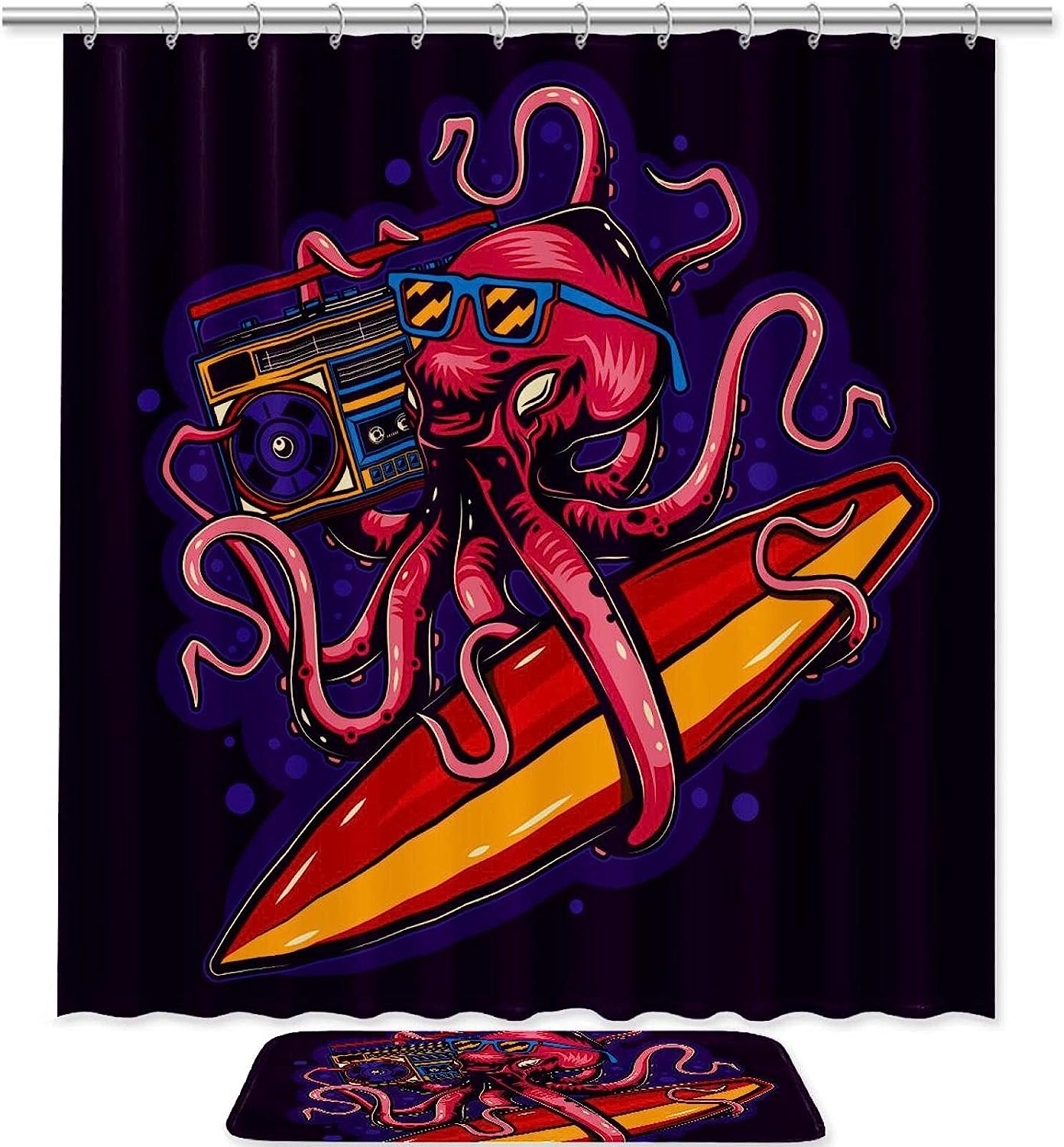 Funny Octopus with Glasses Print Shower Curtain Set with Bathroom Accessories - Modern Waterproof Fabric Bath Curtain