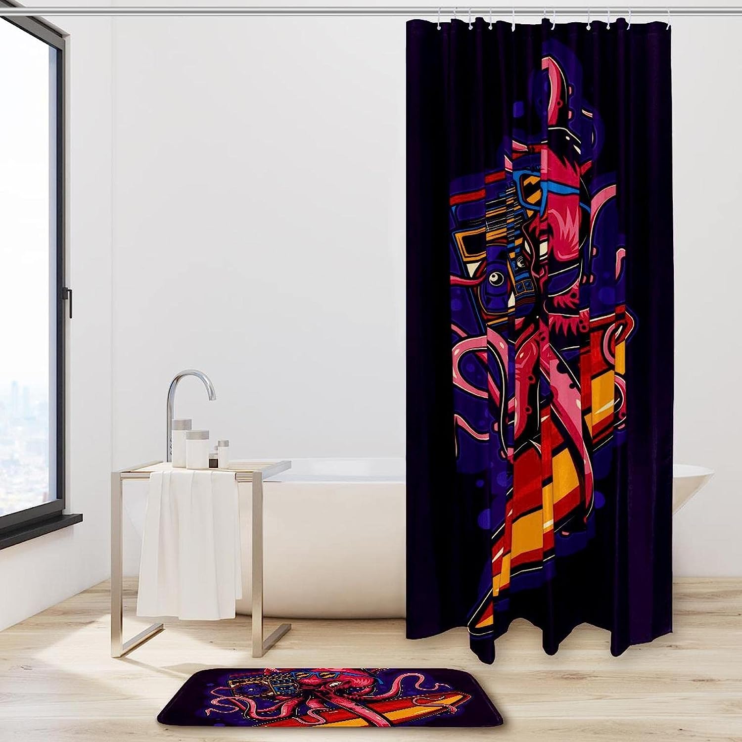 Funny Octopus with Glasses Print Shower Curtain Set with Bathroom Accessories - Modern Waterproof Fabric Bath Curtain