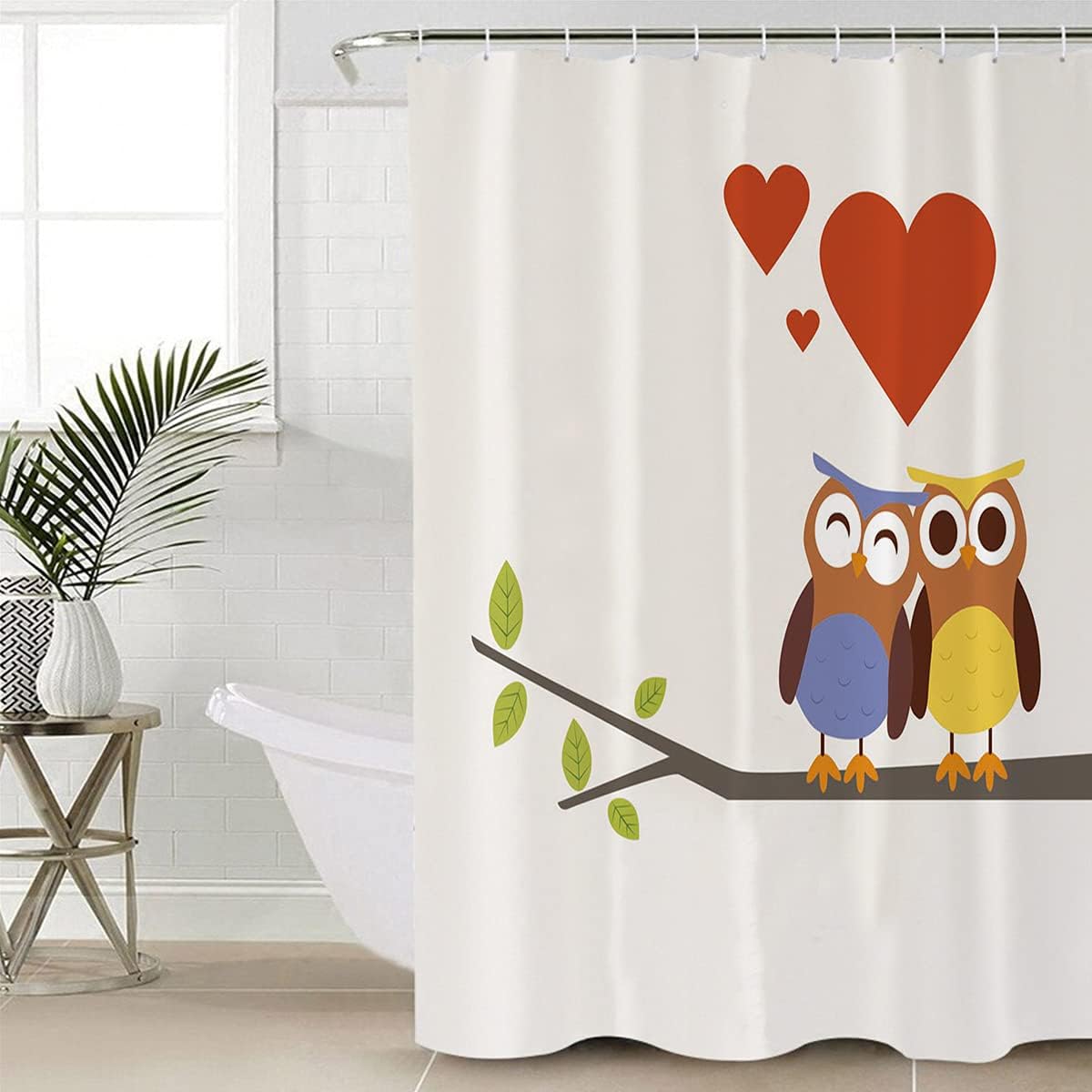 Funny Owl on The Branch Fall in Love Printed Shower Curtain for Bathroom Decor