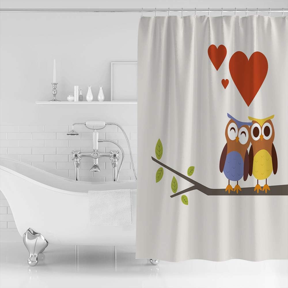 Funny Owl on The Branch Fall in Love Printed Shower Curtain for Bathroom Decor