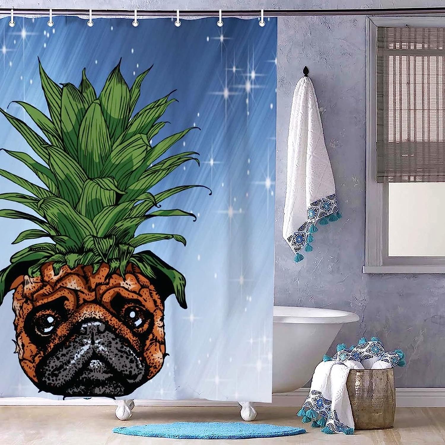 Funny Pineapple Pug Shower Curtain - Whimsical And Playful Shower Curtain For Your Bathroom