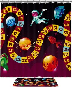 Funny Play Planet Spaceship Game Board Waterproof Shower Curtain For Bathroom