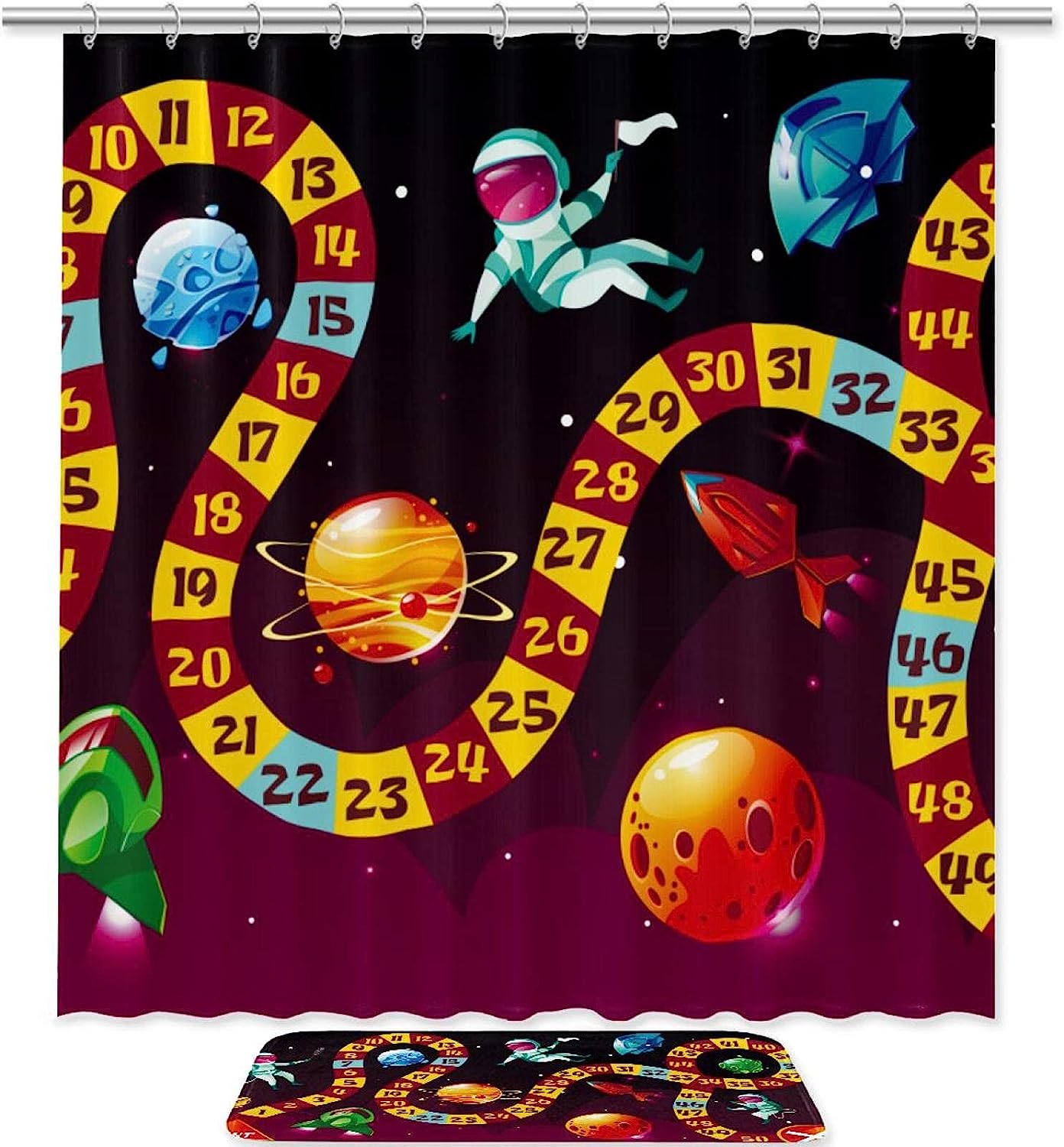 Funny Play Planet Spaceship Game Board Waterproof Shower Curtain For Bathroom