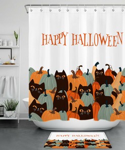 Funny Pumpkin Black Cat For Happy Halloween Shower Curtain For Bathroom Accessory
