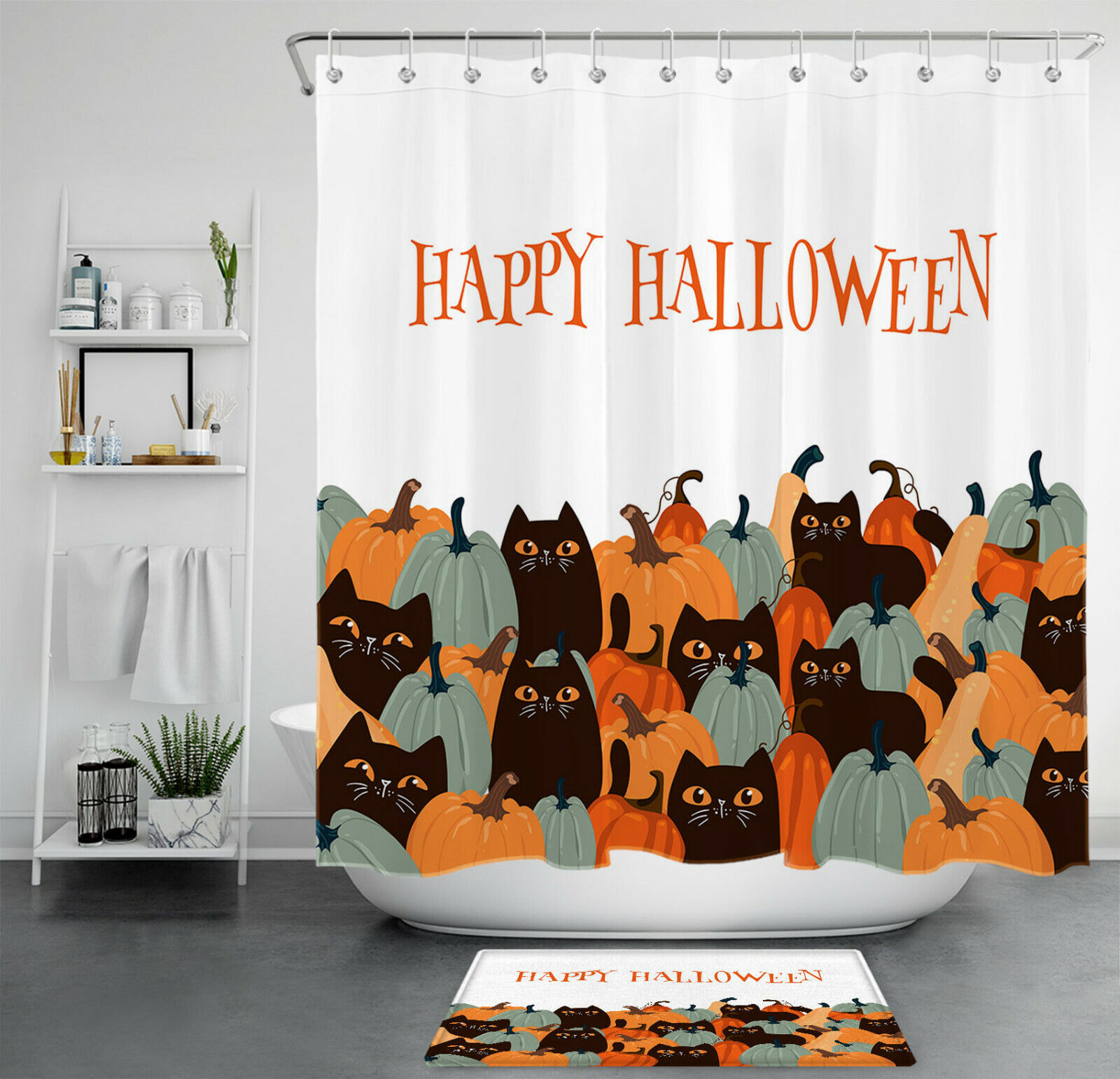 Funny Pumpkin Black Cat For Happy Halloween Shower Curtain For Bathroom Accessory