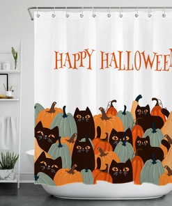 Funny Pumpkin Black Cat For Happy Halloween Shower Curtain For Bathroom Accessory