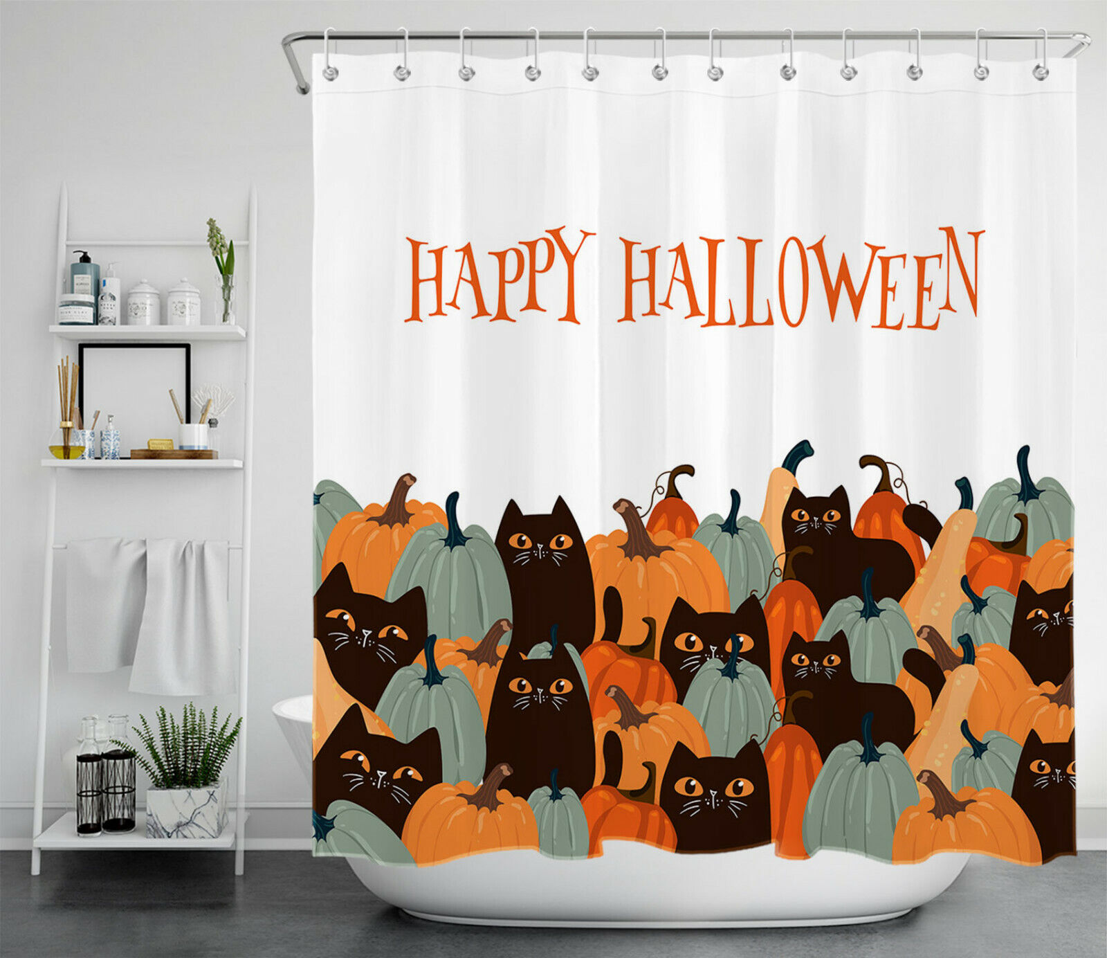 Funny Pumpkin Black Cat For Happy Halloween Shower Curtain For Bathroom Accessory
