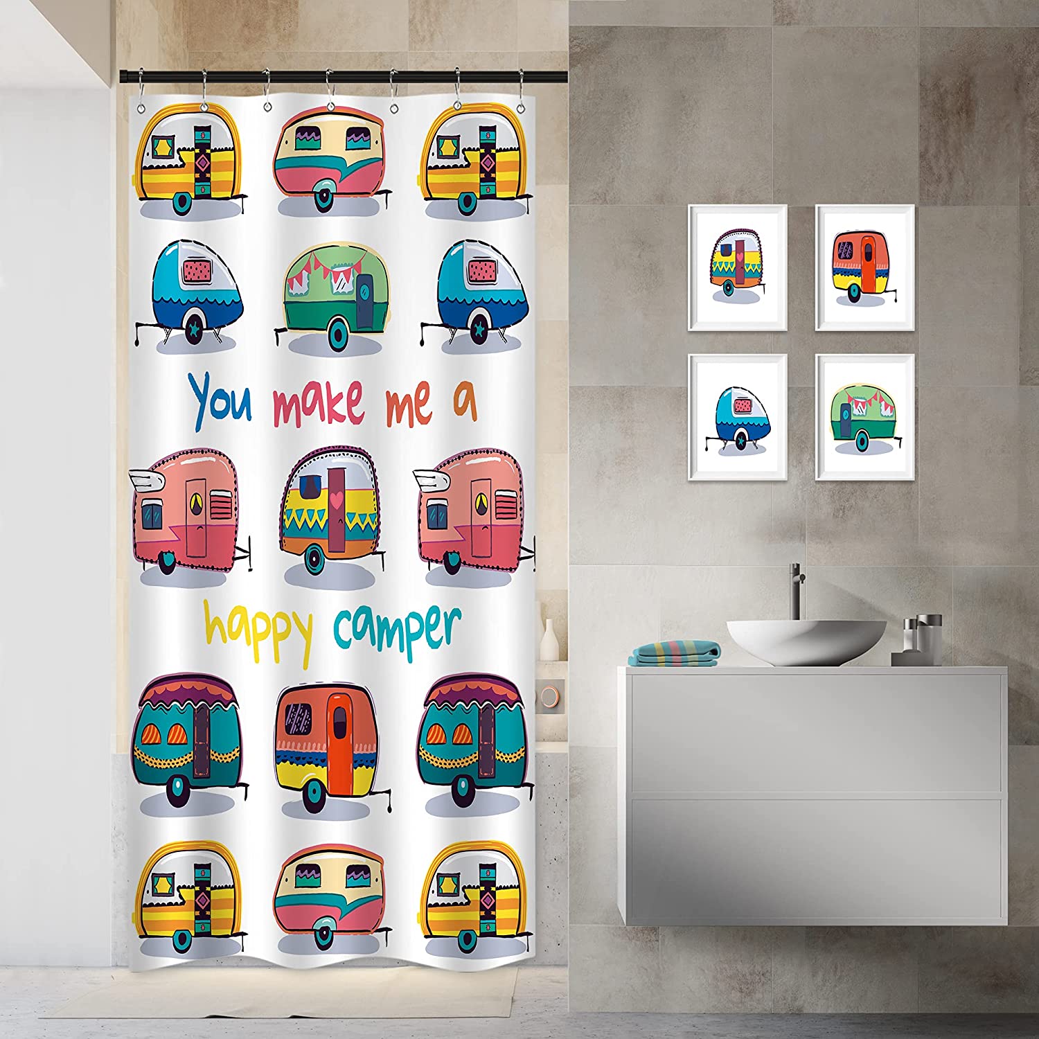 Funny Quotes Cartoon Caravan Travel Rv Camper Shower Curtain, Small Half Narrow Single Walkin Bathroom Cloth Fabric