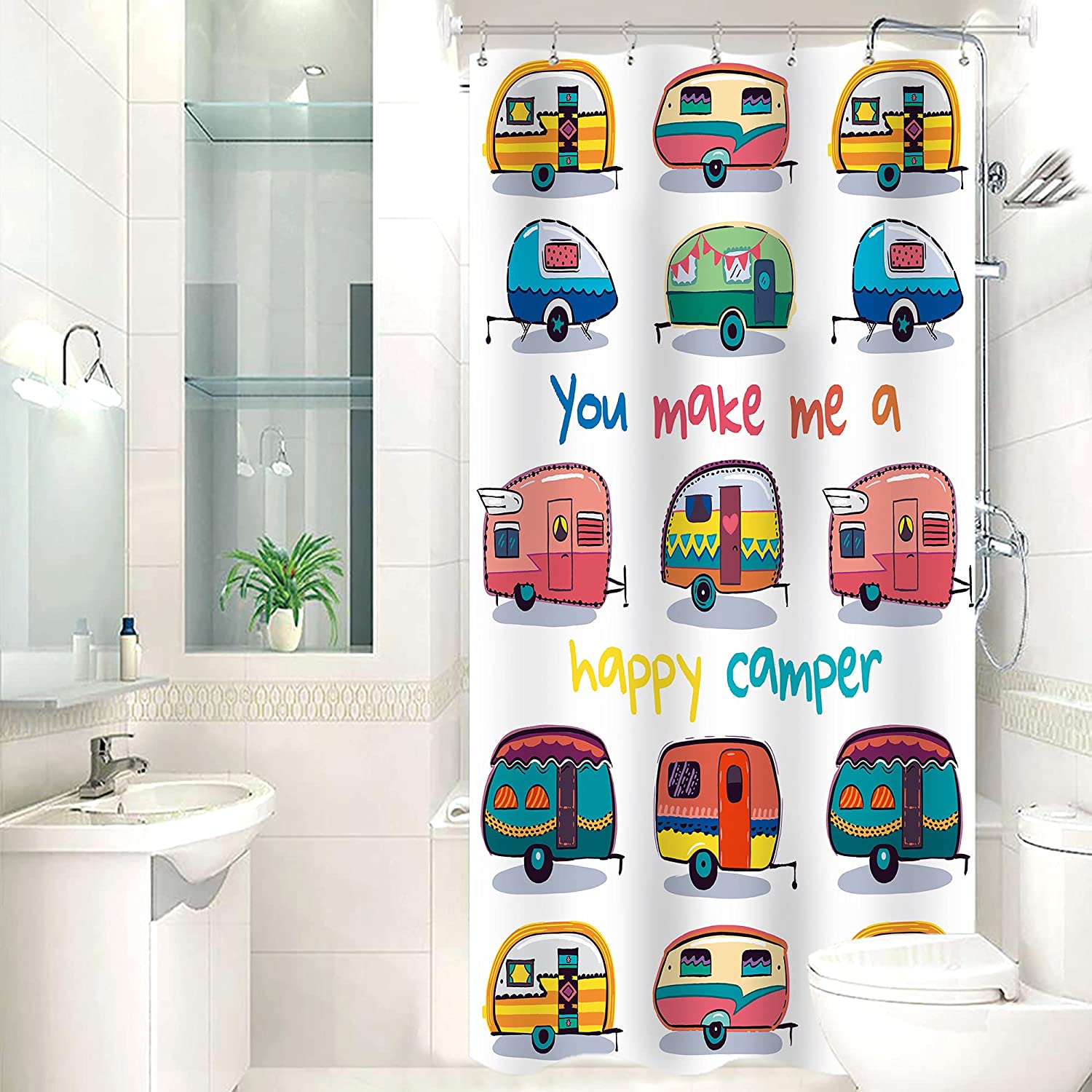 Funny Quotes Cartoon Caravan Travel Rv Camper Shower Curtain, Small Half Narrow Single Walkin Bathroom Cloth Fabric - Image 2