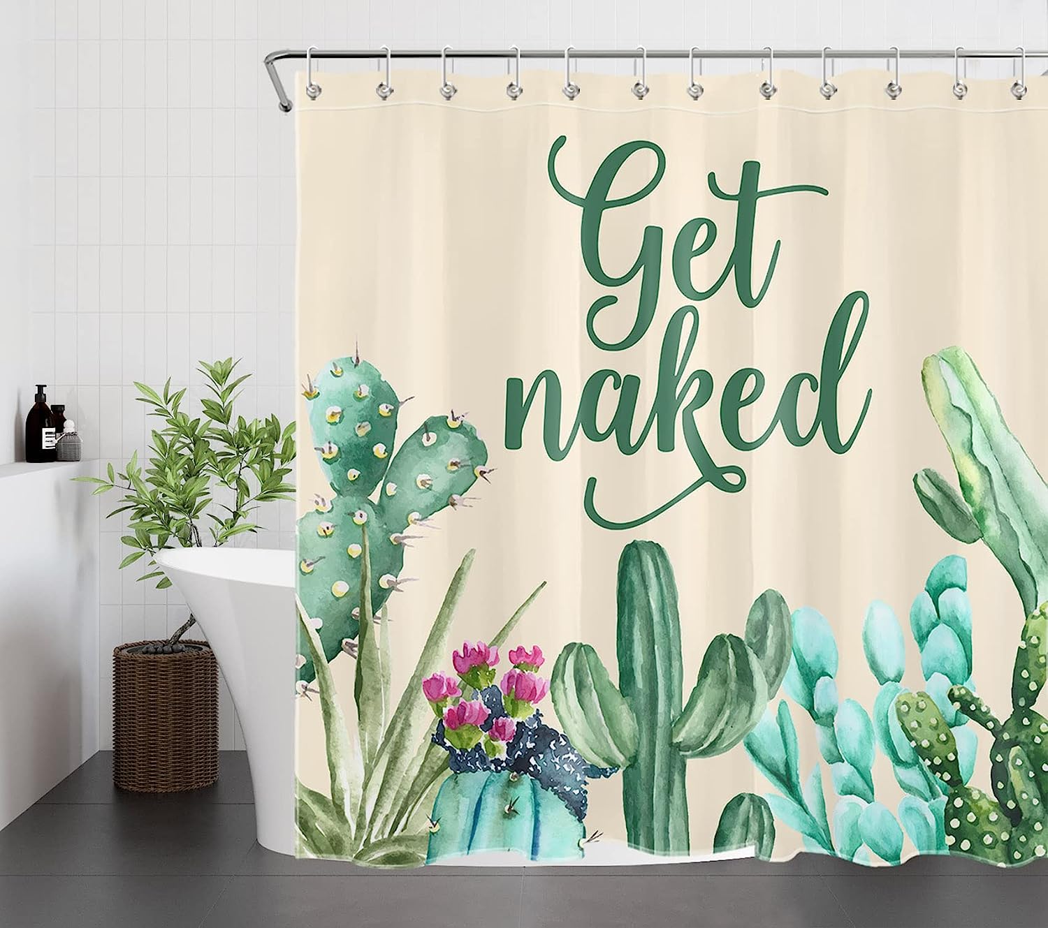 Funny Quotes and Floral Watercolor Cactus Shower Curtain for a Humorous Bathroom