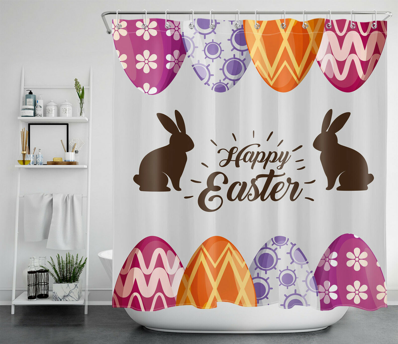 Funny Rabbit Colored Egg Easter Holiday Shower Curtain For Bathroom