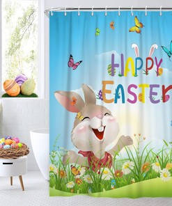Funny Rabbit Colorful Wildflowers Spring Floral Easter Shower Curtain For Kids Bathroom 