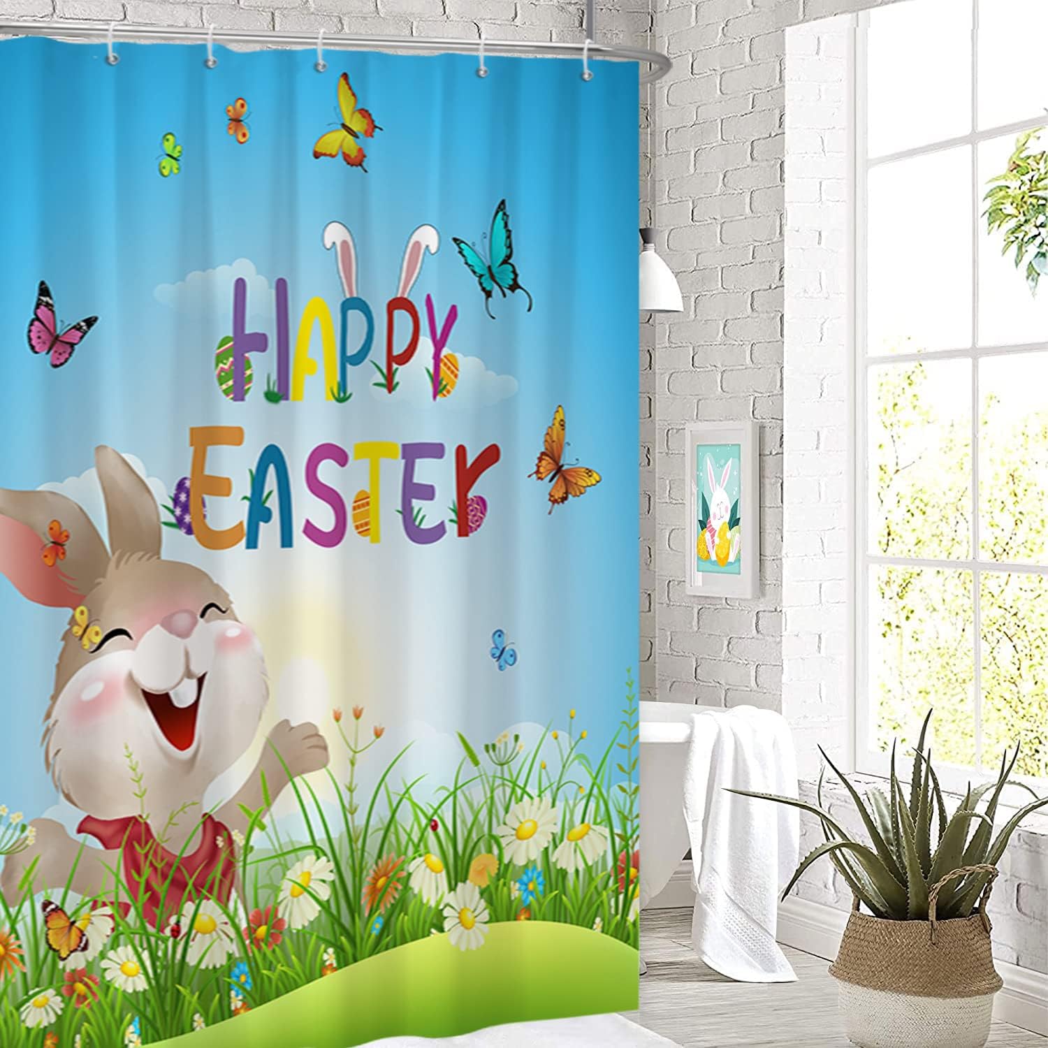 Funny Rabbit Colorful Wildflowers Spring Floral Easter Shower Curtain For Kids Bathroom