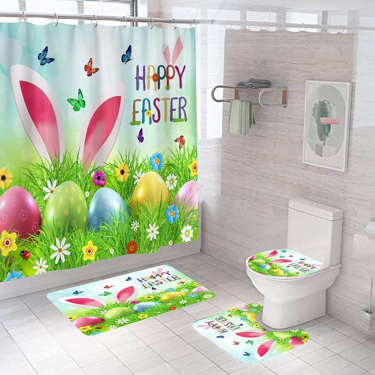 Funny Rabbit Spring Eggs Shower Curtain For Bathroom With Curtain Full Size