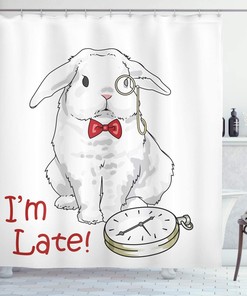 Funny Rabbit With Watches Alice In Wonderland Cartoon Shower Curtain Design