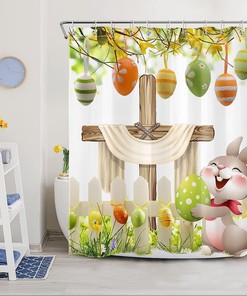 Funny Rabbit and Easter Eggs Shower Curtain in Green Spring Garden for Easter Bathroom Decor