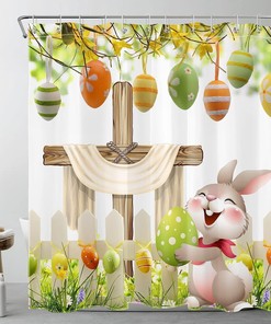Funny Rabbit and Easter Eggs Shower Curtain in Green Spring Garden for Easter Bathroom Decor