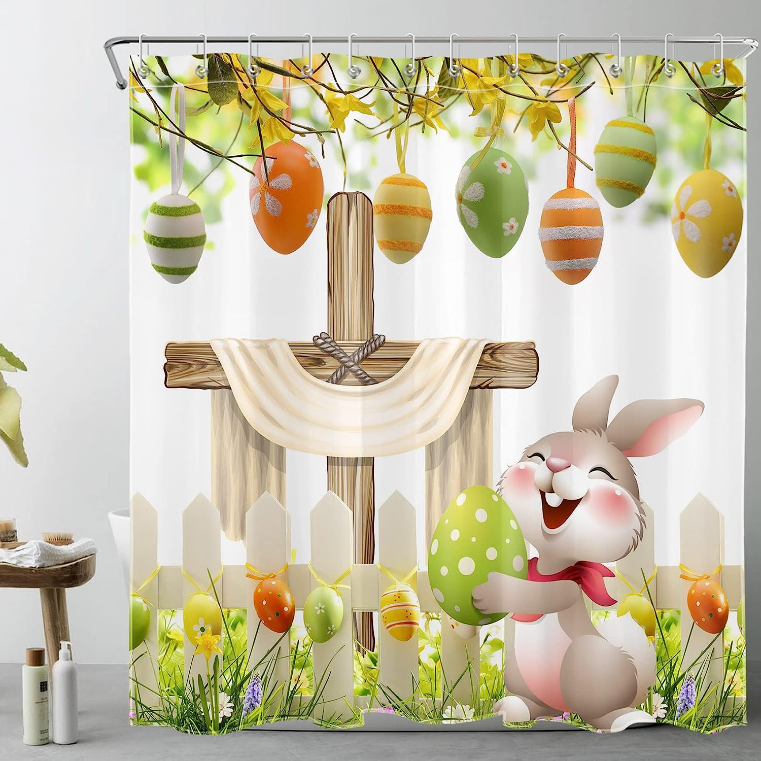 Funny Rabbit and Easter Eggs Shower Curtain in Green Spring Garden for Easter Bathroom Decor