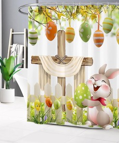 Funny Rabbit and Easter Eggs Shower Curtain in Green Spring Garden for Easter Bathroom Decor