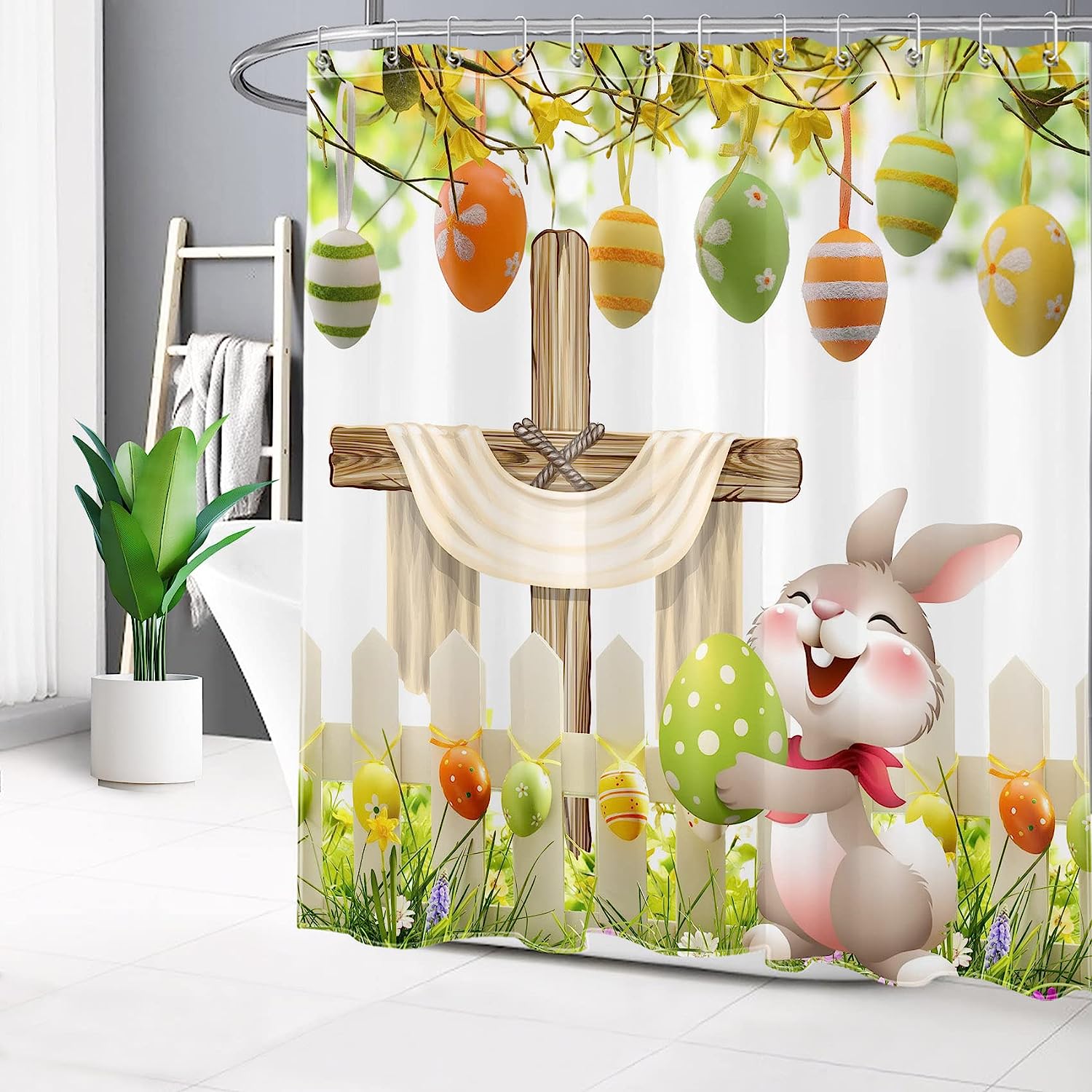 Funny Rabbit and Easter Eggs Shower Curtain in Green Spring Garden for Easter Bathroom Decor