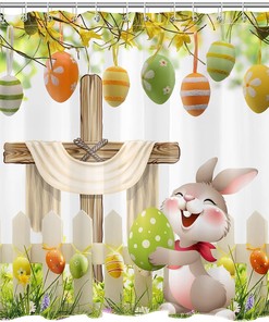 Funny Rabbit and Easter Eggs Shower Curtain in Green Spring Garden for Easter Bathroom Decor