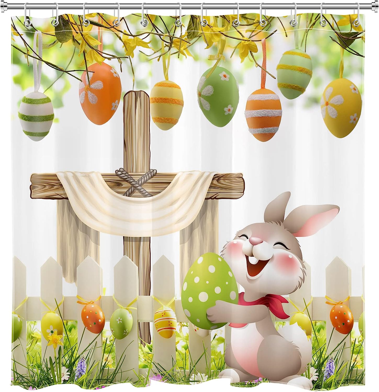 Funny Rabbit and Easter Eggs Shower Curtain in Green Spring Garden for Easter Bathroom Decor