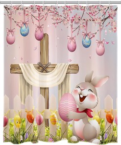 Funny Rabbit and Easter Eggs Shower Curtain in Pink Spring Garden for Easter Bathroom Decor