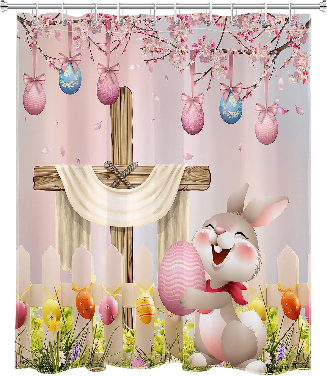 Funny Rabbit and Easter Eggs Shower Curtain in Pink Spring Garden for Easter Bathroom Decor
