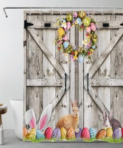 Funny Rabbit and Easter Eggs on Green Grassland Spring Easter Shower Curtain