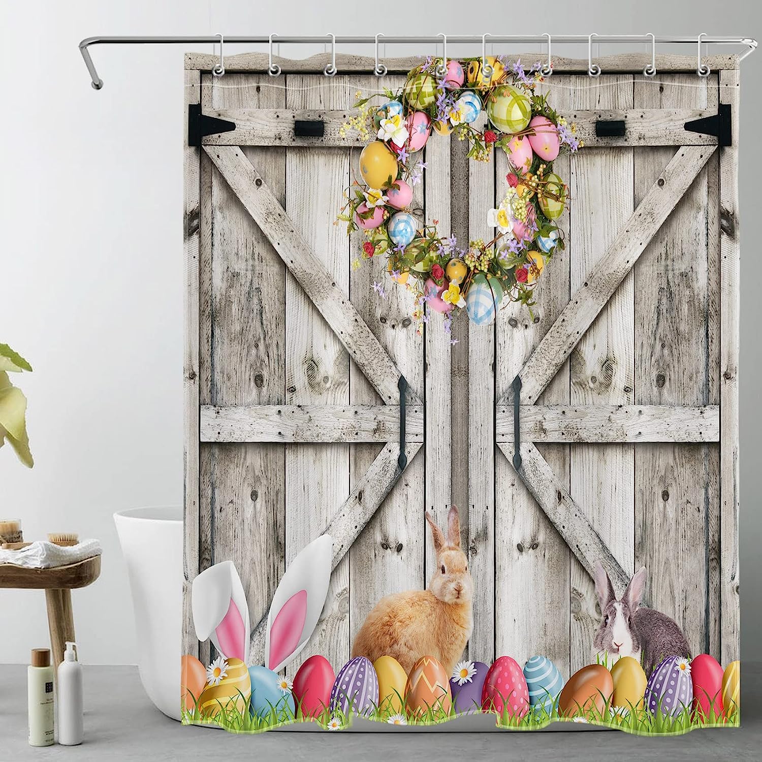 Funny Rabbit and Easter Eggs on Green Grassland Spring Easter Shower Curtain