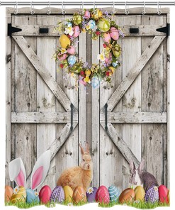 Funny Rabbit and Easter Eggs on Green Grassland Spring Easter Shower Curtain