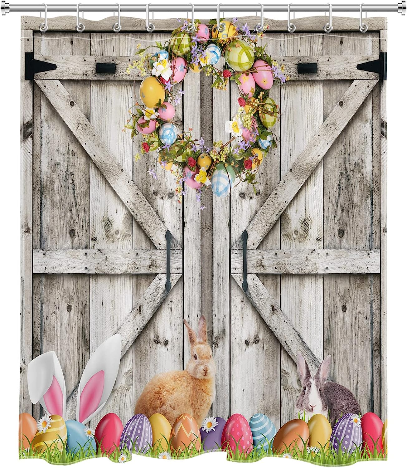 Funny Rabbit and Easter Eggs on Green Grassland Spring Easter Shower Curtain
