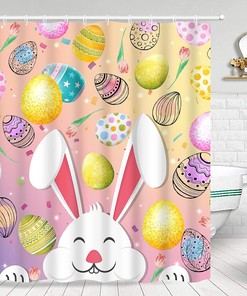 Funny Rabbit and Pink Spring Tulips Flower Fabric Easter Shower Curtain by Ikfashoni