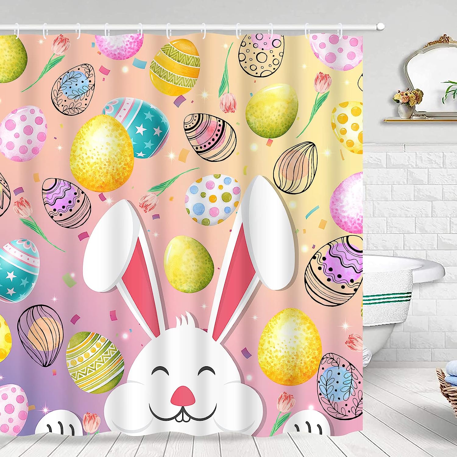 Funny Rabbit and Pink Spring Tulips Flower Fabric Easter Shower Curtain by Ikfashoni