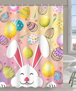 Funny Rabbit and Pink Spring Tulips Flower Fabric Easter Shower Curtain by Ikfashoni