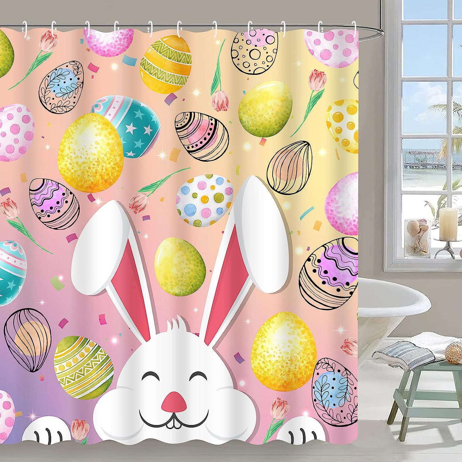 Funny Rabbit and Pink Spring Tulips Flower Fabric Easter Shower Curtain by Ikfashoni