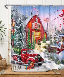 Funny Rustic Christmas Shower Curtain With Red Vintage Truck Winter Snow Xmas Tree Snowman For Bathroom 