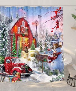 Funny Rustic Christmas Shower Curtain With Red Vintage Truck Winter Snow Xmas Tree Snowman For Bathroom