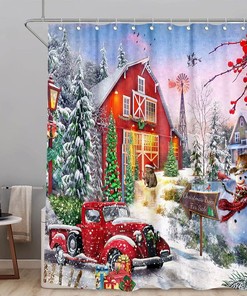 Funny Rustic Christmas Shower Curtain With Red Vintage Truck Winter Snow Xmas Tree Snowman For Bathroom 