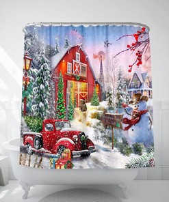 Funny Rustic Christmas Shower Curtain With Red Vintage Truck Winter Snow Xmas Tree Snowman For Bathroom 
