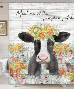 Funny Rustic Farm Cow Autumn Harvest Pumpkin Shower Curtain - Add Some Humor To Your Bathroom
