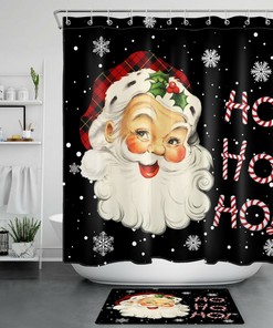 Funny Santa Claus with Snowflake Black Shower Curtain for Christmas Bathroom 