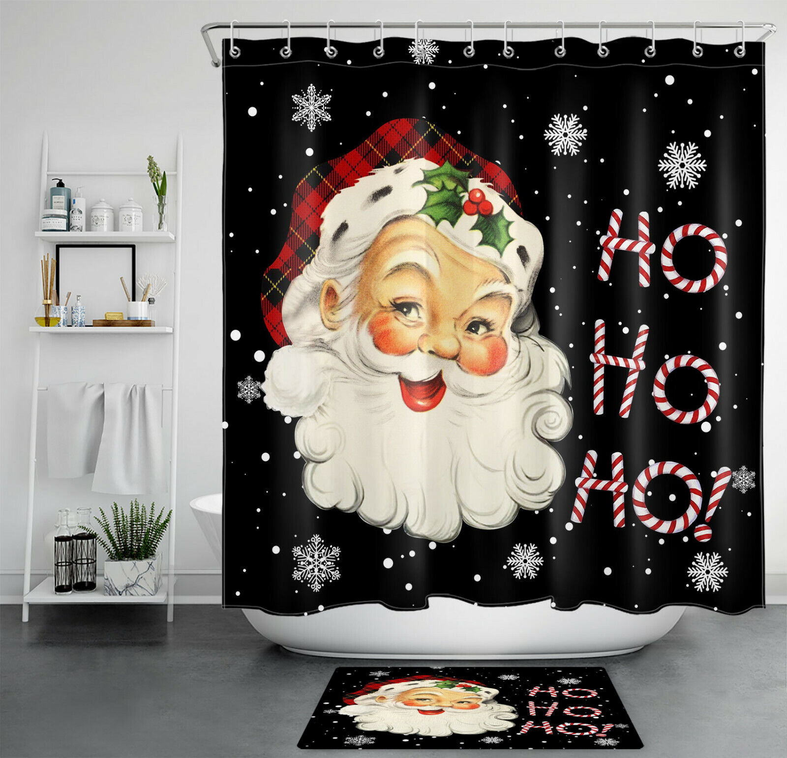 Funny Santa Claus with Snowflake Black Shower Curtain for Christmas Bathroom