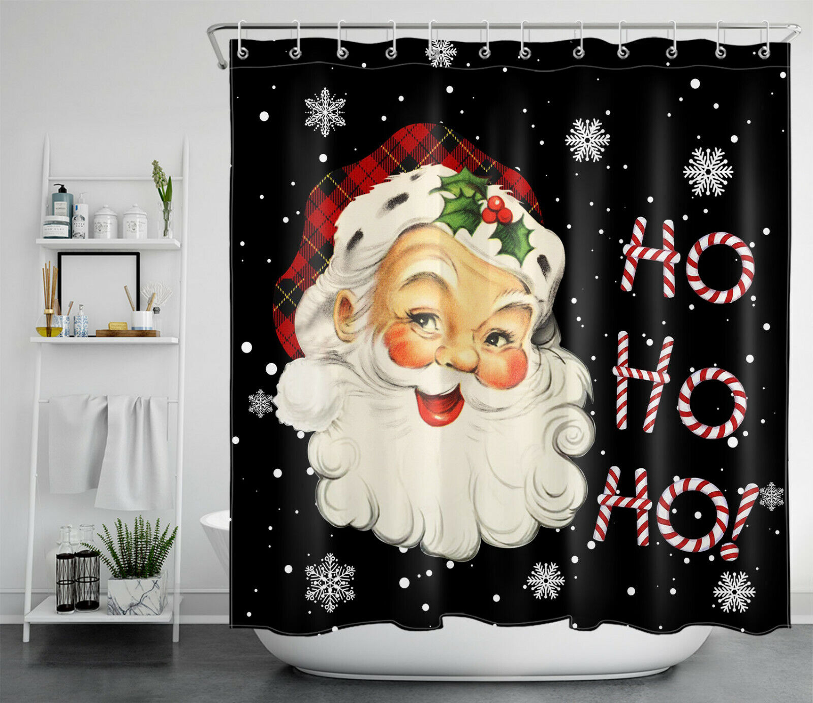Funny Santa Claus with Snowflake Black Shower Curtain for Christmas Bathroom