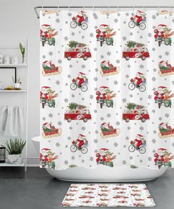 Funny Santa Reindeer Bus Bike Snowflake Shower Curtain For A Charming Christmas Decor