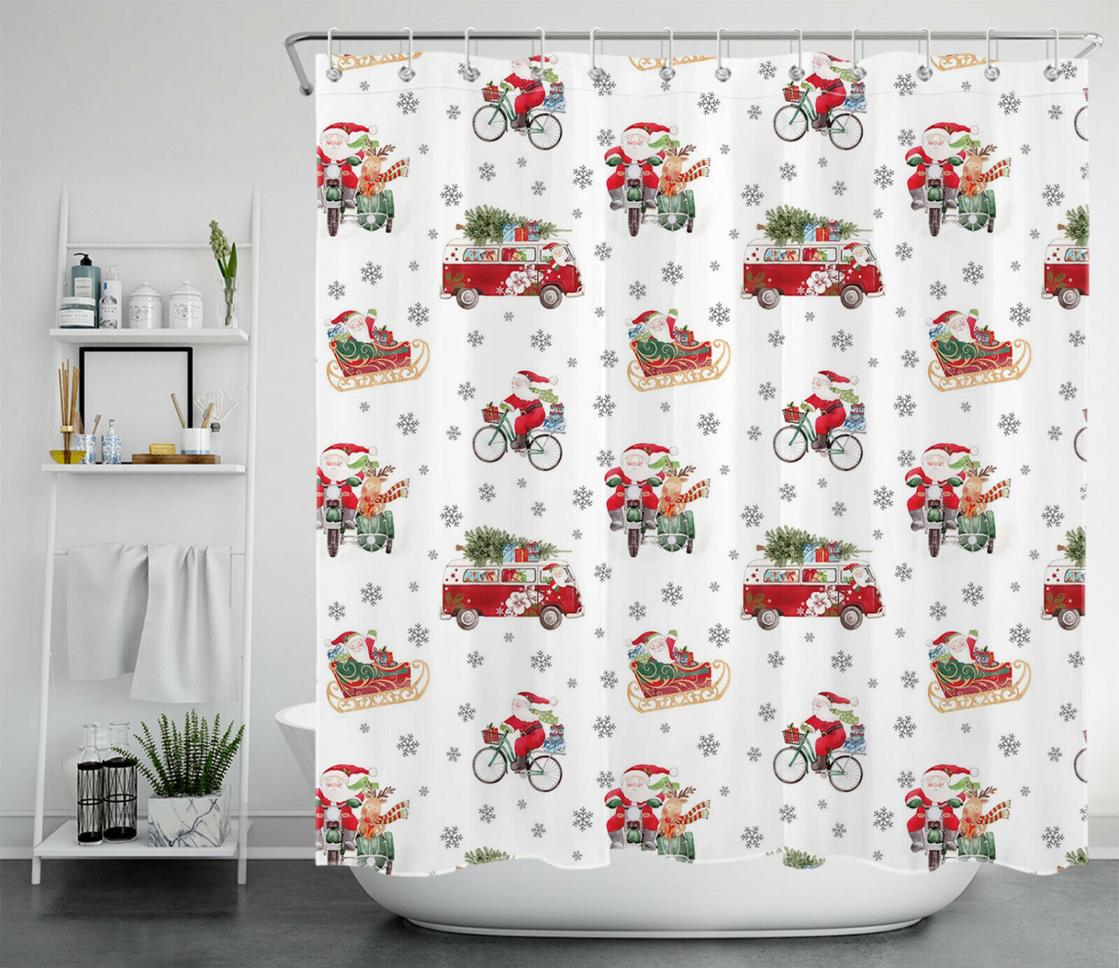 Funny Santa Reindeer Bus Bike Snowflake Shower Curtain For A Charming Christmas Decor - Image 2