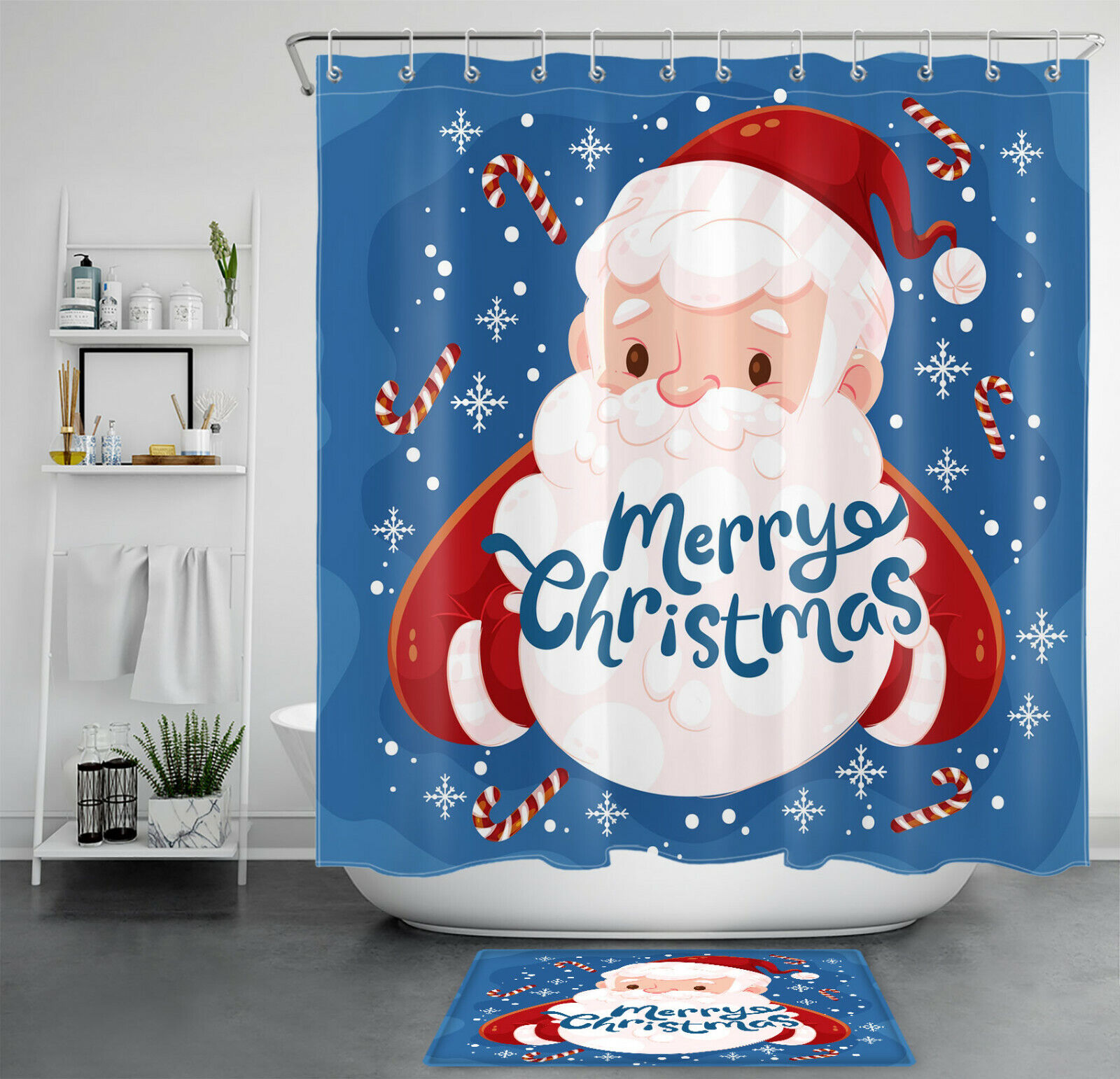 Funny Santa Snowflake Cane Christmas Shower Curtain - Festive Bathroom Decor