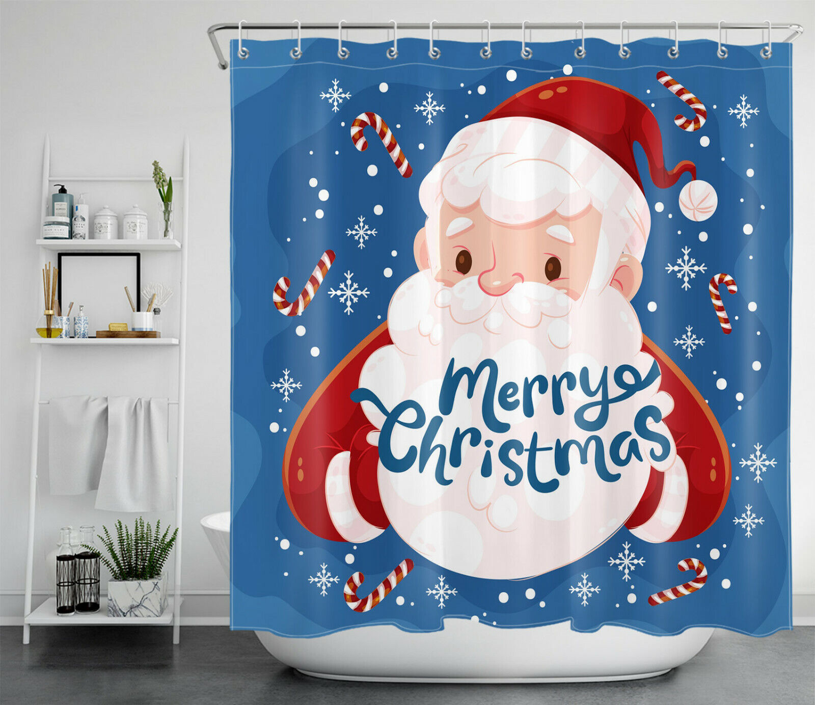 Funny Santa Snowflake Cane Christmas Shower Curtain - Festive Bathroom Decor