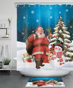 Funny Santa Snowman Christmas Tree Shower Curtain Winter Snowflake Bathroom