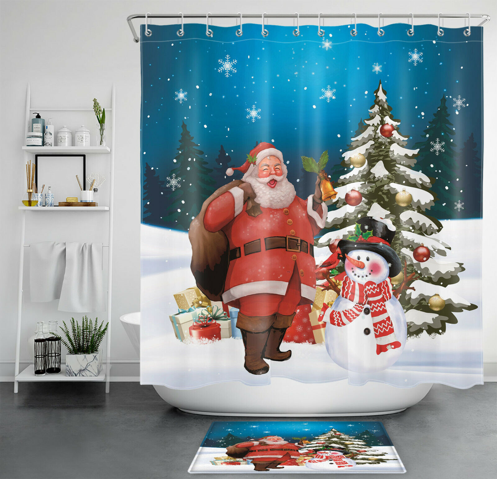 Funny Santa Snowman Christmas Tree Shower Curtain Winter Snowflake Bathroom